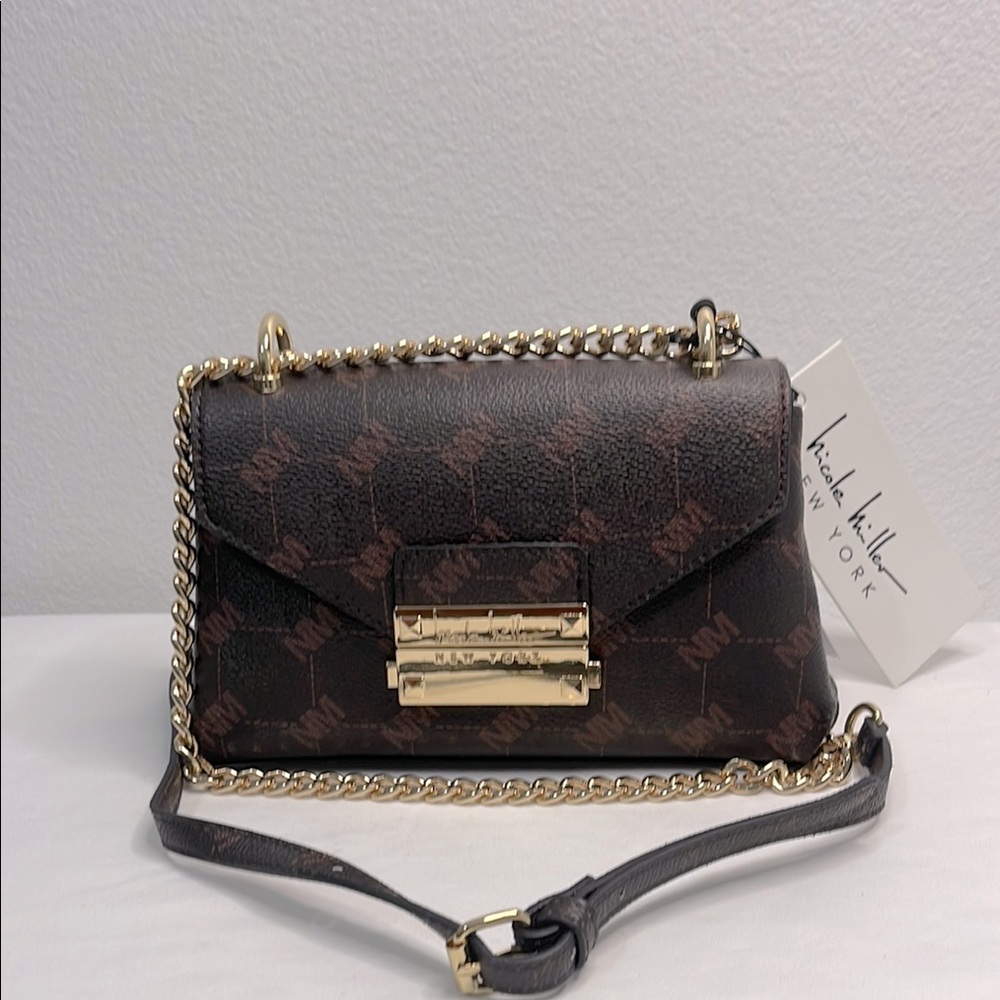 Nicole Miller Brown and Gold Crossbody Bag with Elegant Chain Strap NWT